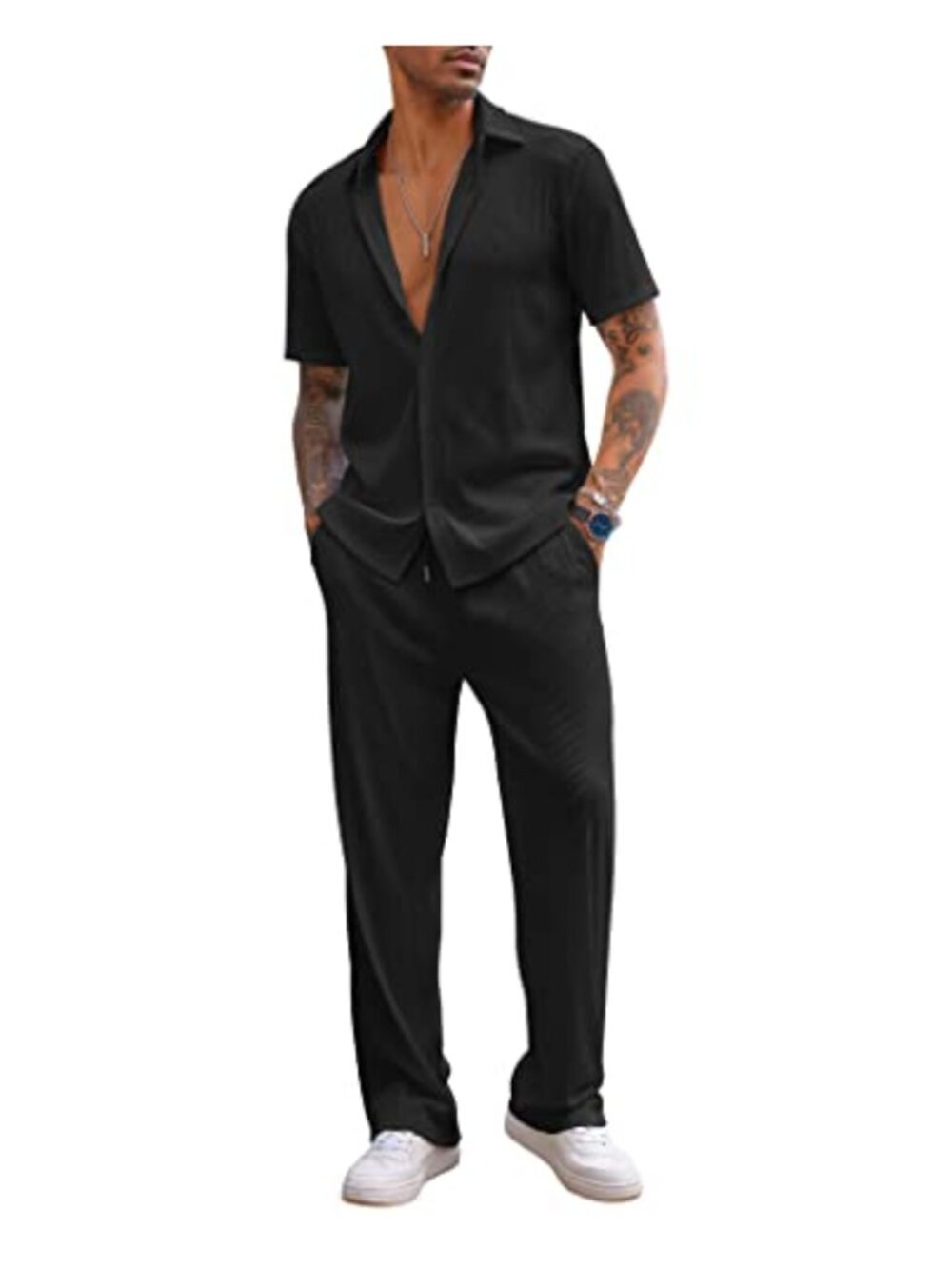 Men's 2-Piece Casual Outfit Short Sleeve Button Down Shirt & Loose Pants Set